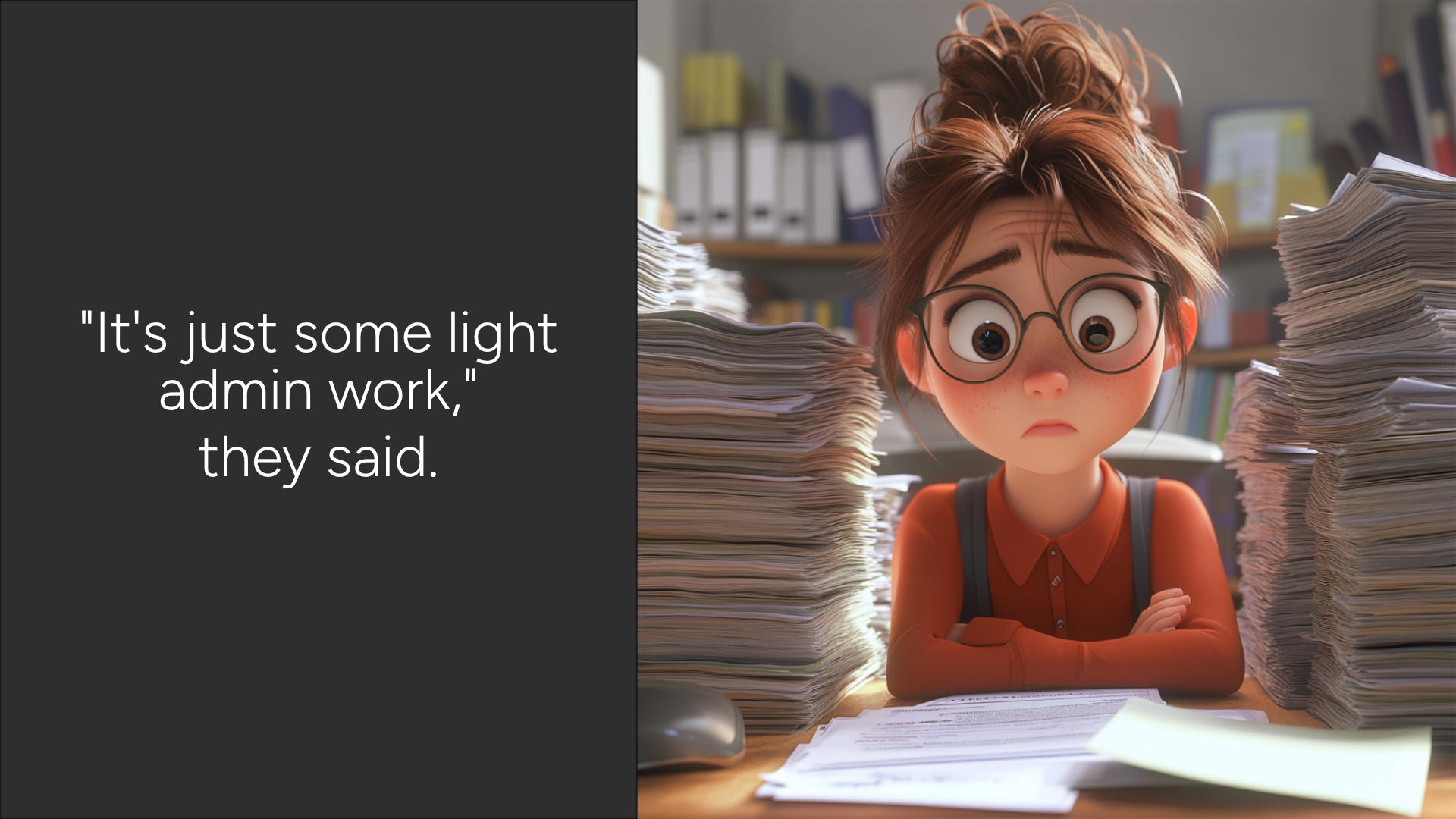 A young woman sitting at her desk looking bewildered at all of the work she needs to complete.