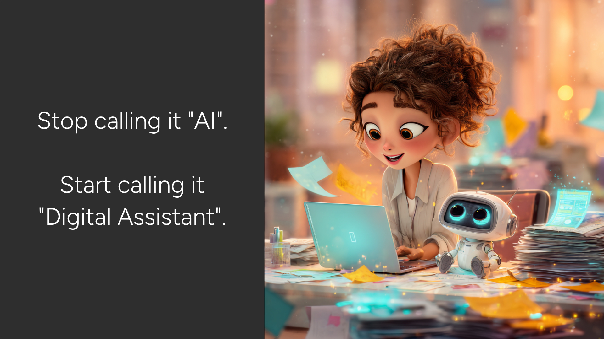 A young woman working at her computer with the assistance of a cute robot sitting on her desktop next to her.