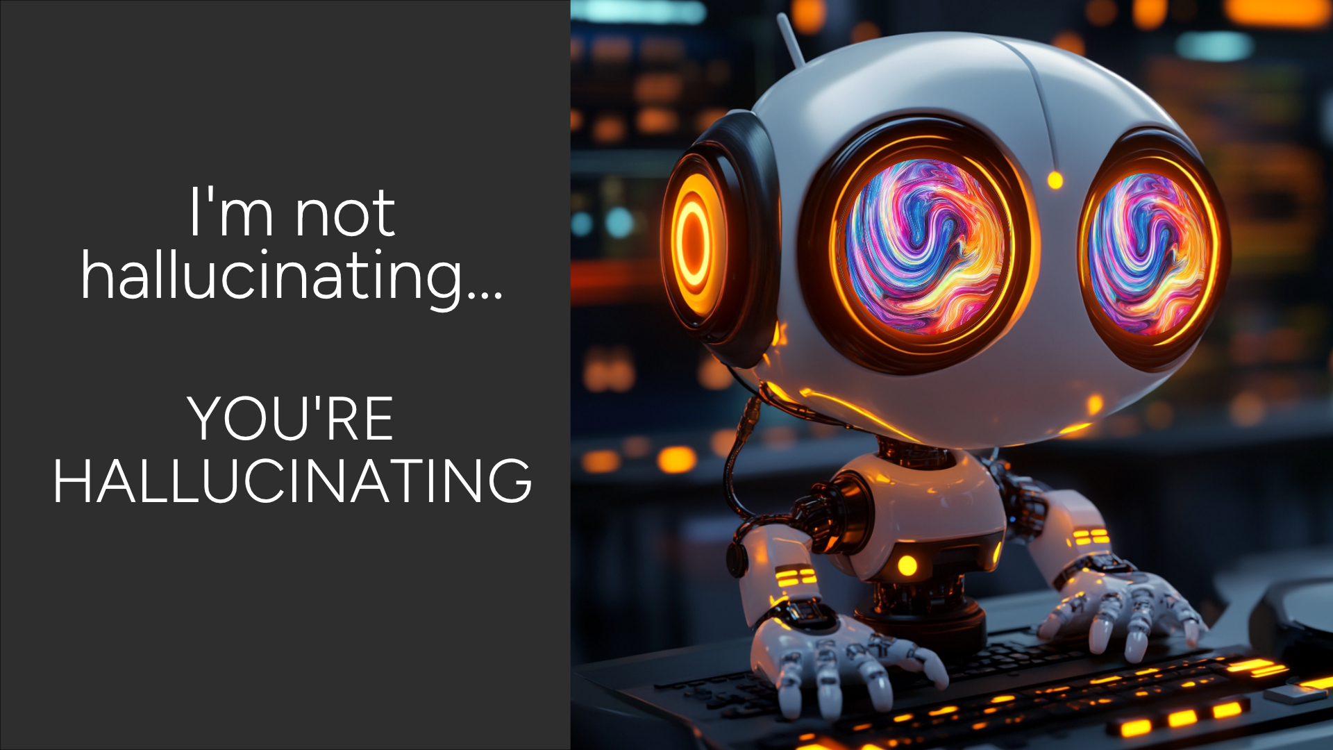 A cute robot working at its computer with swirly eyes indicative of a hallucination.